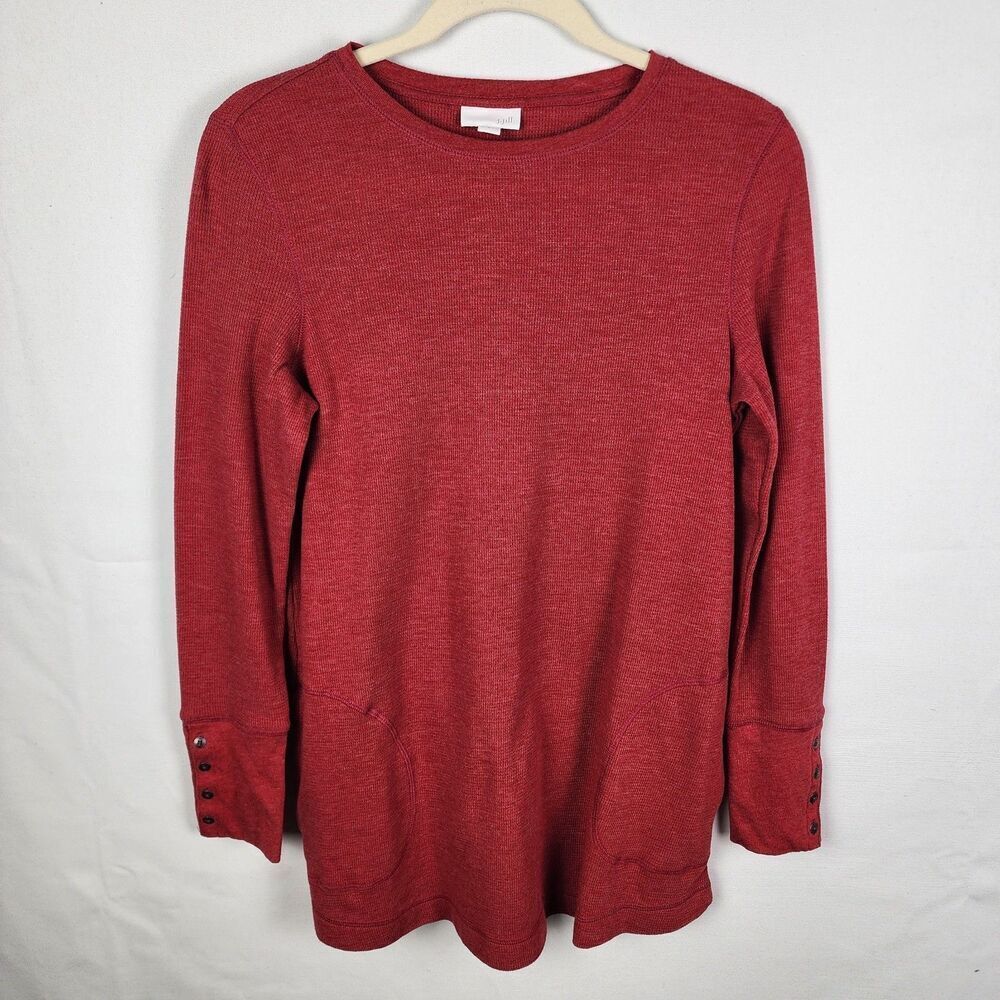 J Jill Women's Sweater Top Size Small Red Knit Pockets Tunic Button Long Sleeves